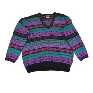 Vintage Ski Sweater Womens Plus Size 1X Knit Pullover Crewneck 80s 90s Colorful